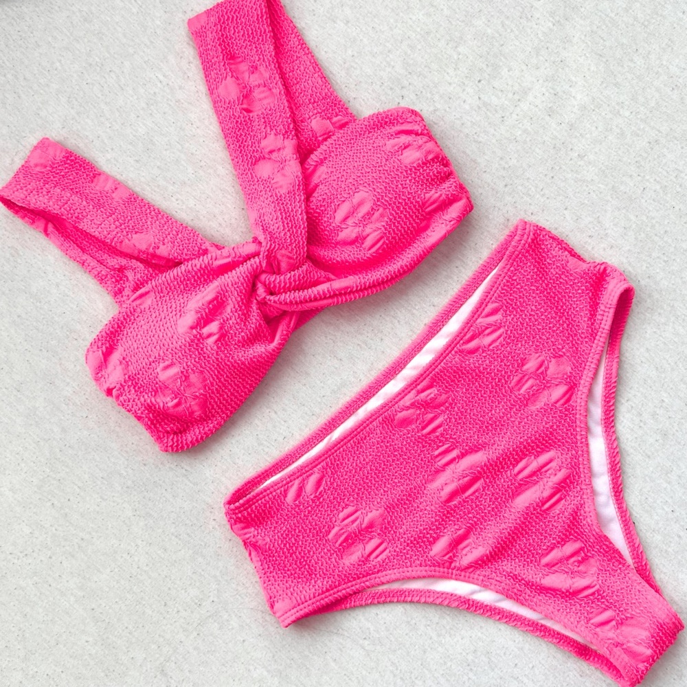 NEW full bikini set hot pink floral swimwear with twist details